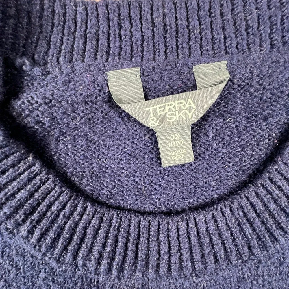 Joyful Graphic Sweater Womens 0X 14W Navy Blue Crewneck Terra‎ & Sky